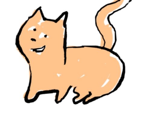 "It Never Gets Old" A playful orange cat with a smiling face and a curly tail.